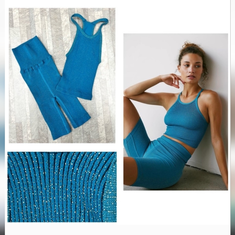 Free People Teal Blue Sparkle Ribbed Athletic Shorts